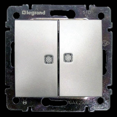 Выключатель 2-клавишный Legrand VALENA, с подсветкой, скрытый монтаж, алюминий